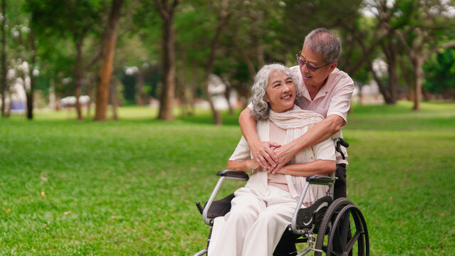 Older Asian couple embrace wife wheelchair park demonstrating enduring love mutual support aging retirement journey together outdoors lush green nature sunny day