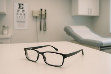 Eyeglasses sit on a clean table in an optometrist's office. An eye chart and examination bed are blurred in the background.