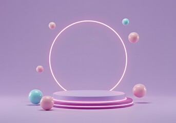 3D Rendered Neon Light Podium with Floating Spheres Pastel Stage Background.