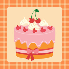 Flat hand-drawn cake illustration in retro doodle style. Perfect for posters, social media, packaging, cards, cafes and cute bakery branding. Neutral pastel background, no text