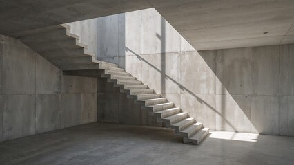 Obraz premium Lighttoned Concrete House Interior Modern Staircase Sunlight Shadows Grey Walls Minimalist Architecture