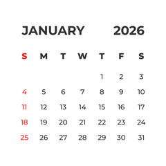 January 2026 vector calendar grid