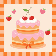 Flat hand-drawn cake illustration in retro doodle style. Perfect for posters, social media, packaging, cards, cafes and cute bakery branding. Neutral pastel background, no text