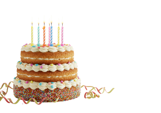 Isolated Tiered Birthday Cake with Candles and Sprinkles
