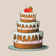 Flat hand-drawn cake illustration in retro doodle style. Perfect for posters, social media, packaging, cards, cafes and cute bakery branding. Neutral pastel background, no text