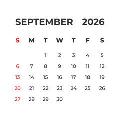 September 2026 vector calendar grid