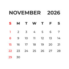 November 2026 vector calendar grid
