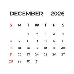 December 2026 vector calendar grid