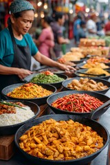 Street vendor preparing traditional asian food in busy market