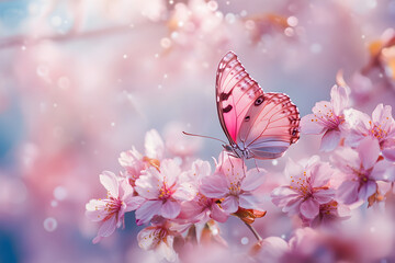 A pink butterfly is perched on a pink flower