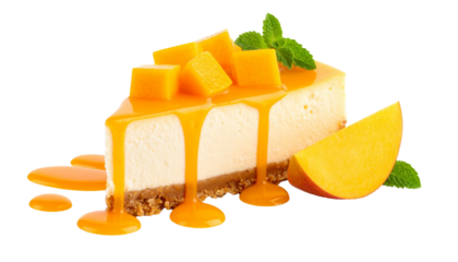 Slice of mango cheesecake dripping with sweet mango sauce on transparent background