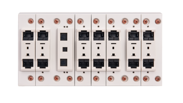A modular electrical outlet panel featuring multiple power sockets and Ethernet ports aligned in a row.