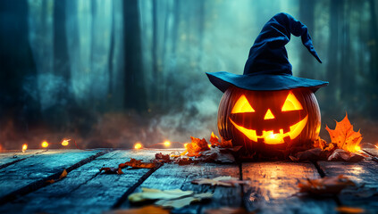 A pumpkin with a witch's hat on top of it is sitting on a wooden table