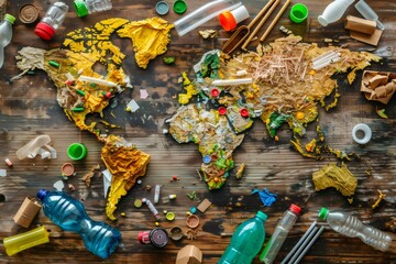 Plastic waste polluting world map depicting global environmental crisis