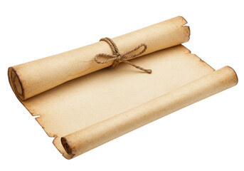 Isolated Antique Rolled Parchment Scroll Tied with Twine