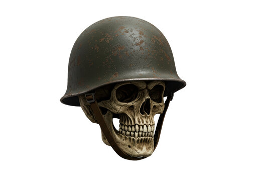 Isolated Skull Wearing Military Helmet with Rust