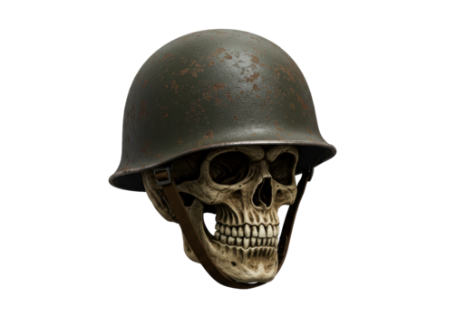 Isolated Skull Wearing Military Helmet with Rust