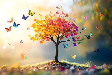 A tree with many butterflies flying around it