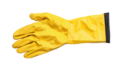 A single yellow rubber glove designed for cleaning, featuring a textured palm for improved grip and an extended cuff for wrist protection.