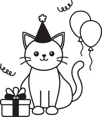Fototapeta premium Cute cat wearing a party hat with balloons and gift silhouette isolated on a white background