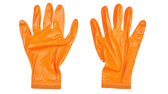 A pair of bright orange disposable gloves displayed with palms and backs visible.