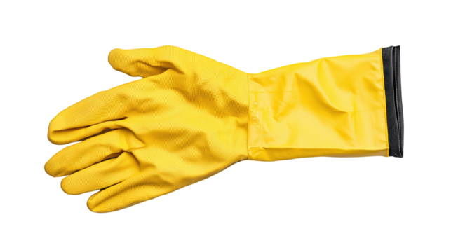 A single yellow rubber glove designed for cleaning, featuring a textured palm for improved grip and an extended cuff for wrist protection.