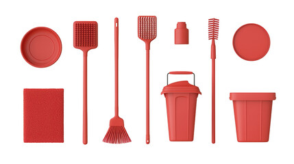 A collection of red cleaning tools and containers including brushes, a mop, a sponge, and various bins, arranged in a row.