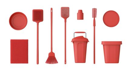 A collection of red cleaning tools and containers including brushes, a mop, a sponge, and various bins, arranged in a row.