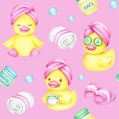 Watercolor seamless pattern of cute bath accessories and yellow rubber ducks.Selfhcare.Spa and relaxation.Childish fabric design.Kids pattern.Bathroom
