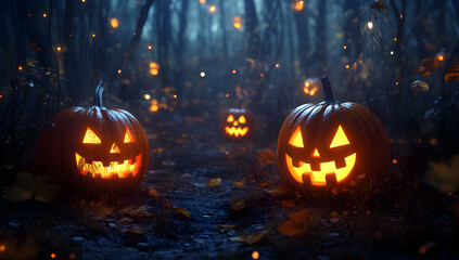 Three pumpkins with glowing eyes are lit up in a dark forest