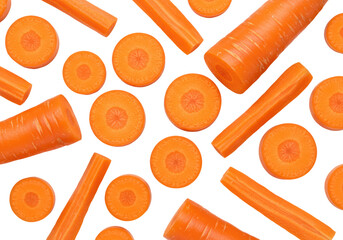 Isolated Sliced and Whole Carrots Scattered Fresh and Vibrant Vegetable Display