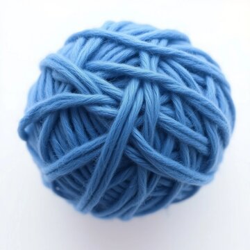 Makroaufnahme eines blauen Wollkn&auml;uels auf wei&szlig;em Hintergrund. Perfekt f&uuml;r Strick- und H&auml;kelprojekte sowie Bastelideen