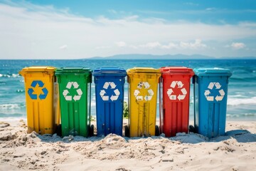 Recycling bins promoting environmental awareness on beach
