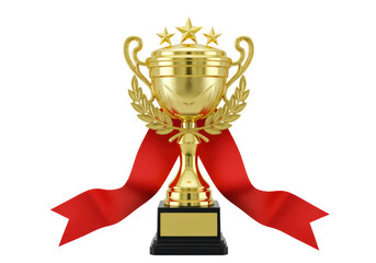 Isolated Golden Trophy Cup with Laurel Wreath and Red Ribbons