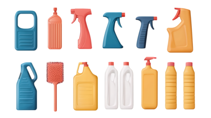Various colorful plastic containers and spray bottles designed for household cleaning and storage purposes.