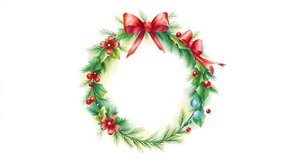 Fototapeta premium Aquarellillustration eines dekorativen Weihnachtskranzes mit roten Schleifen, Blättern und Beeren auf weißem Hintergrund.