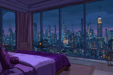 A bedroom with a purple bed and a view of the city
