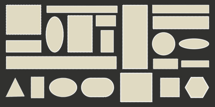 Postage stamp frame set, Mockup postage stamps, Beige round and rectangular templates for mail, postcard, poster, banner, badge, sticker