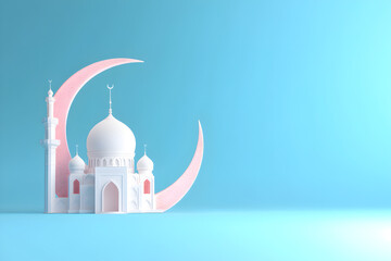 A blue background with a white building with a pink dome and a red crescent moon