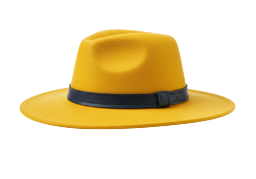 Isolated Elegant Yellow Fedora Hat with Dark Blue Band
