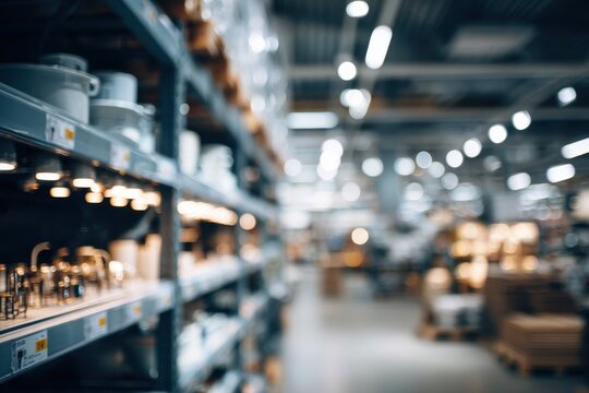 Blurry View of a DIY Retail Outlet. Aisles Filled with Household Goods and Kitchen Supplies Under Bright Commercial Lighting