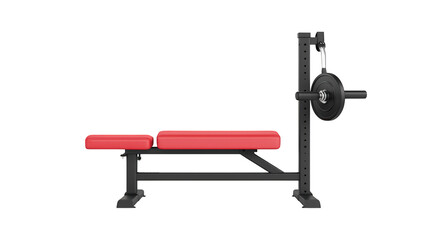 A red and black weight bench with a barbell loaded with weight plates, designed for strength training exercises.