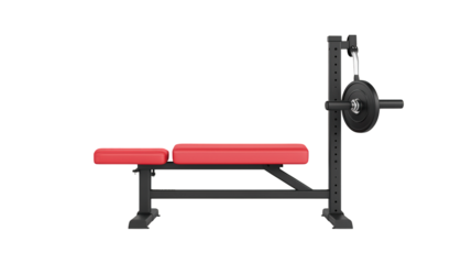A red and black weight bench with a barbell loaded with weight plates, designed for strength training exercises.