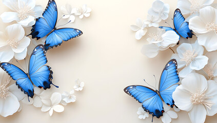 A blue butterfly is surrounded by white flowers