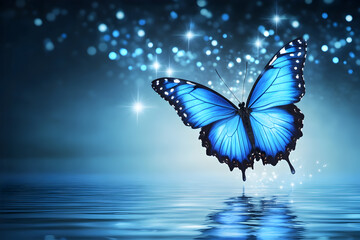 A blue butterfly is floating on the surface of a body of water