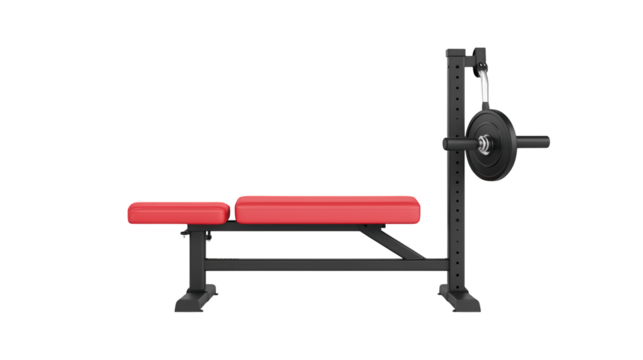 A red and black weight bench with a barbell loaded with weight plates, designed for strength training exercises.