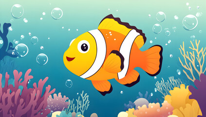 Fototapeta premium A cartoon fish with a smile on its face is swimming in a blue ocean