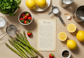 Top View Cooking Ingredients and Recipe. Lemons, Strawberries, Asparagus, Herbs, Spices, Bowls, Kitchen Tools. Healthy Eating and Cooking.