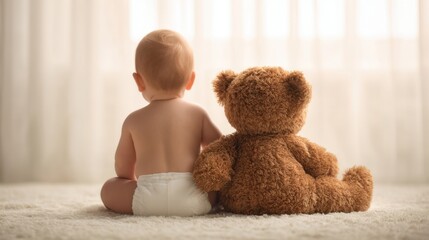 The baby and teddy bear sharing a quiet moment in a cozy setting.