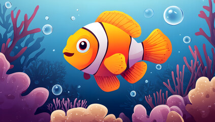 A cartoonish orange and white fish is swimming in a blue ocean